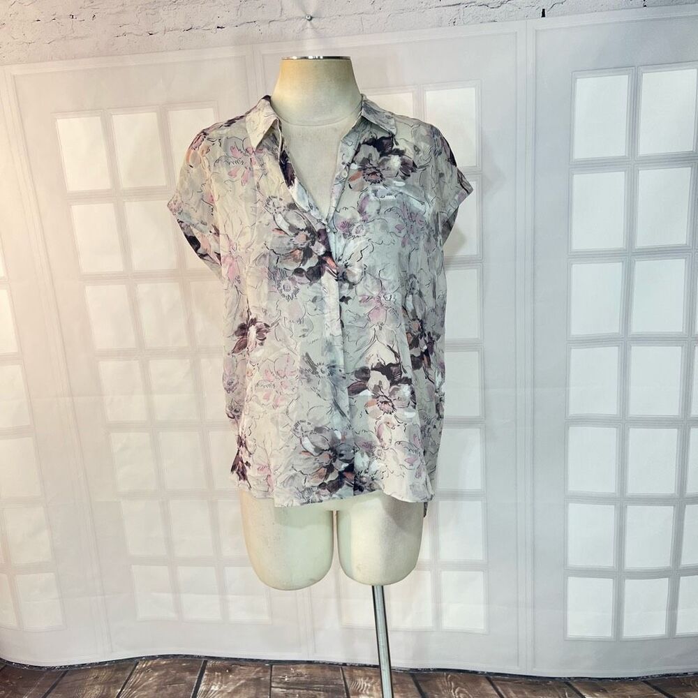 Rebecca Taylor silk short sleeve button down semi sheer floral blouse